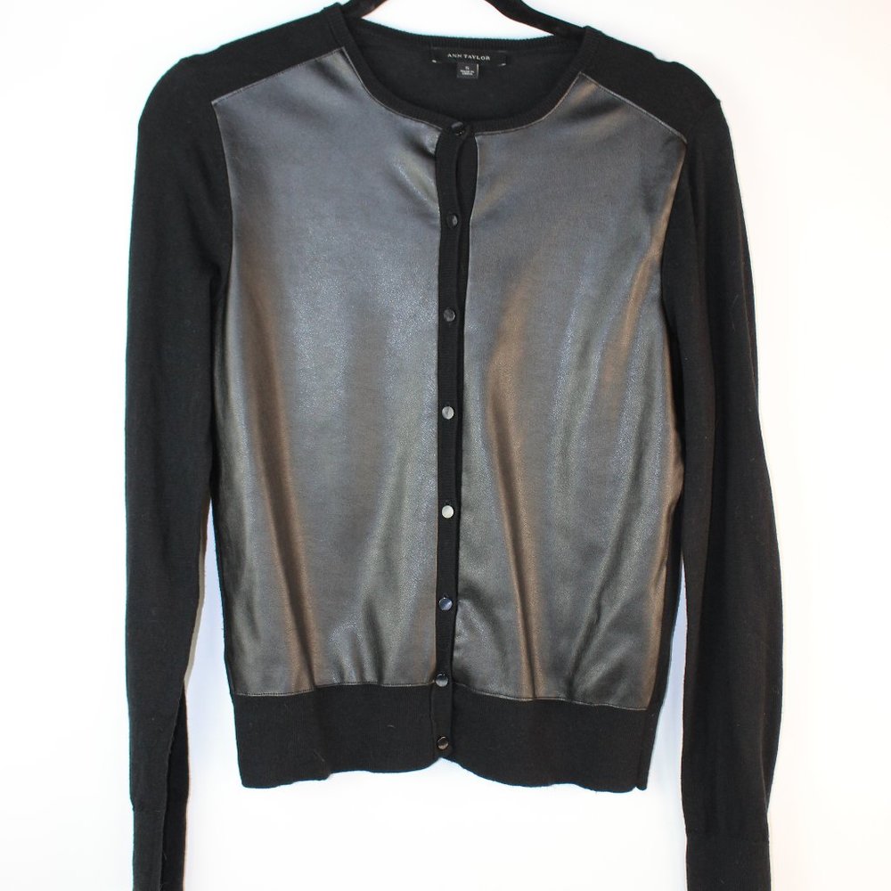 Ann Taylor Black Vegan Leather Front Cardigan